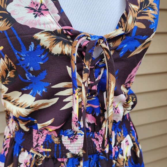 Everly Dark Purple Midi Dress Multicolor Floral Print Open-Back Lace-Up Neck - Picture 6 of 13